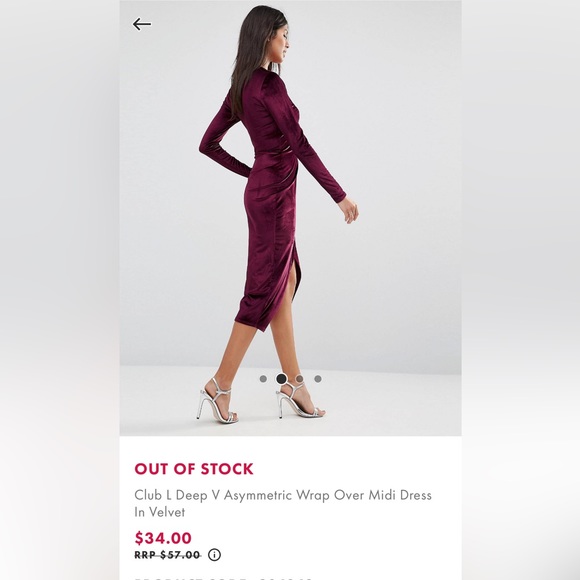 Club L Deep V Asymmetric Wrap Over Midi Velvet Dress - Picture 3 of 9